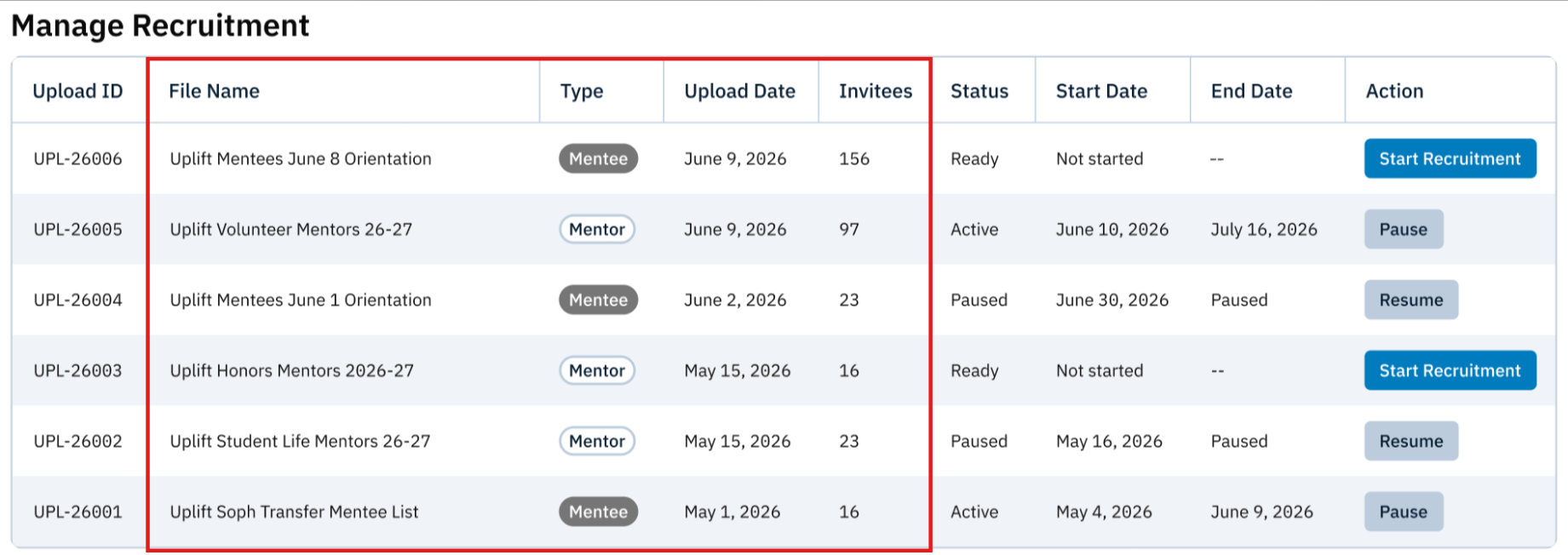 Manage Recruitment (File Name, Type, Upload Date, Invitees).png